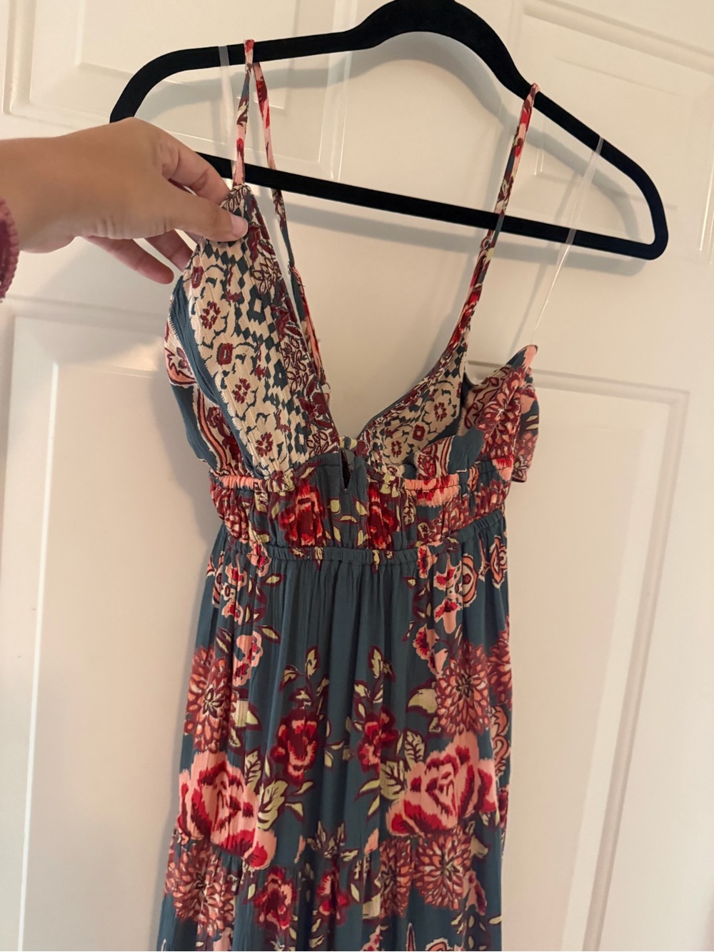 Women’s Floral Maxi Slip Dress with Spaghetti Straps - Blue & Red
